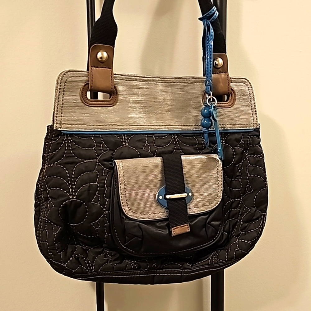 Large Fossil purse. Grey, teal and black